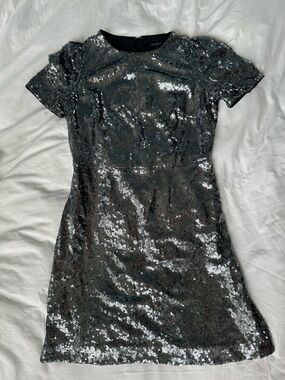 Ann Taylor Silver Sequin Short-Sleeve Mini Dress